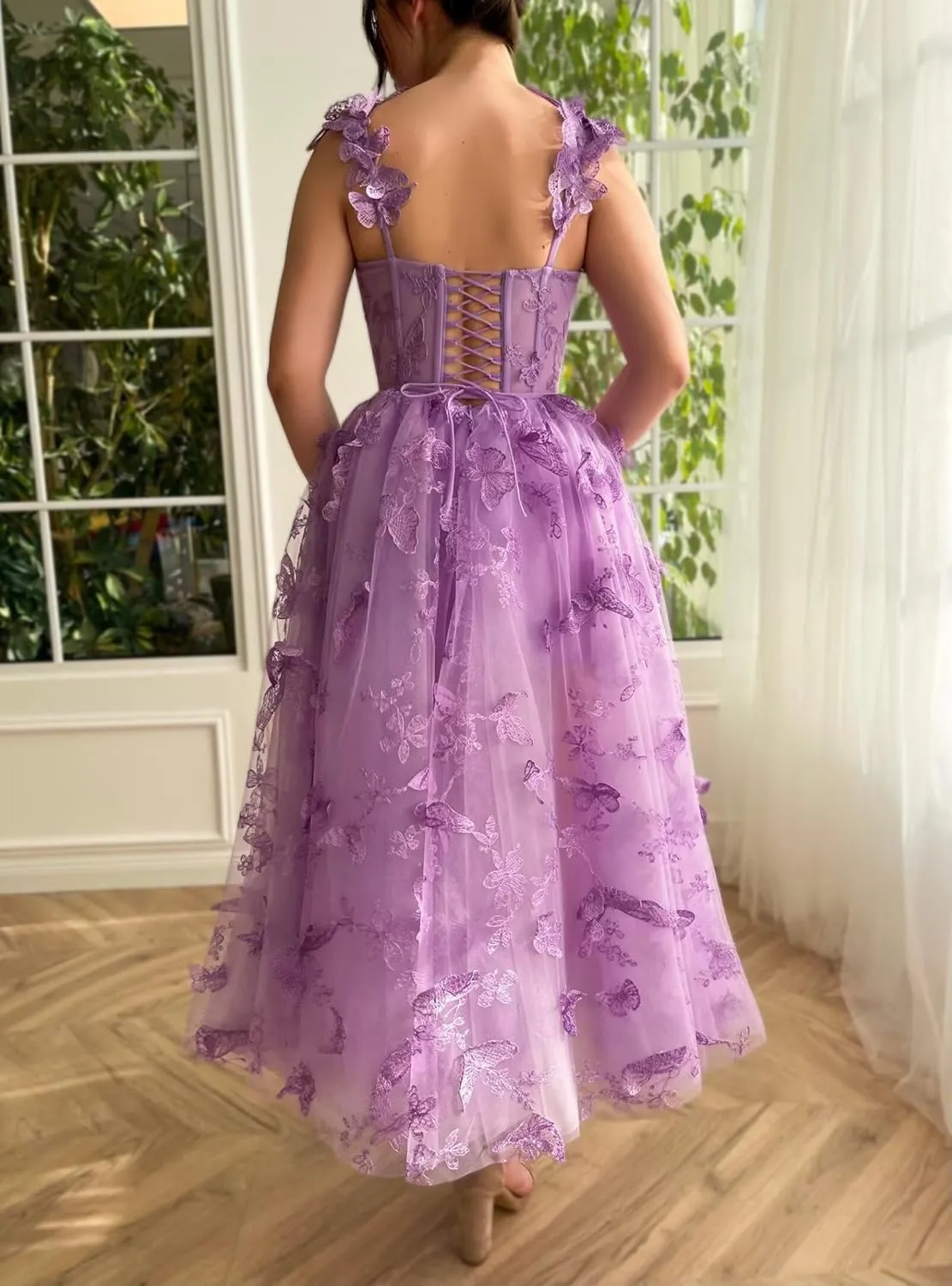 Women's Tulle Prom Dresses Long 3D Butterfly Spaghetti Straps Homecoming Dresses with Slit Tea Length Party Dress