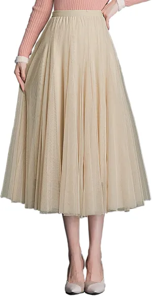 Womens Tulle Skirt Elastic High Waist Pleated A-line Fairy Skirt Layered Mesh Flowy Tutu Skirts