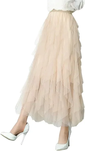 Womens Tulle Skirt Elastic High Waist Pleated A-line Fairy Skirt Layered Mesh Flowy Tutu Skirts