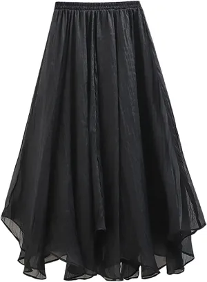 Womens Tulle Skirt Elastic High Waist Pleated A-line Fairy Skirt Layered Mesh Flowy Tutu Skirts