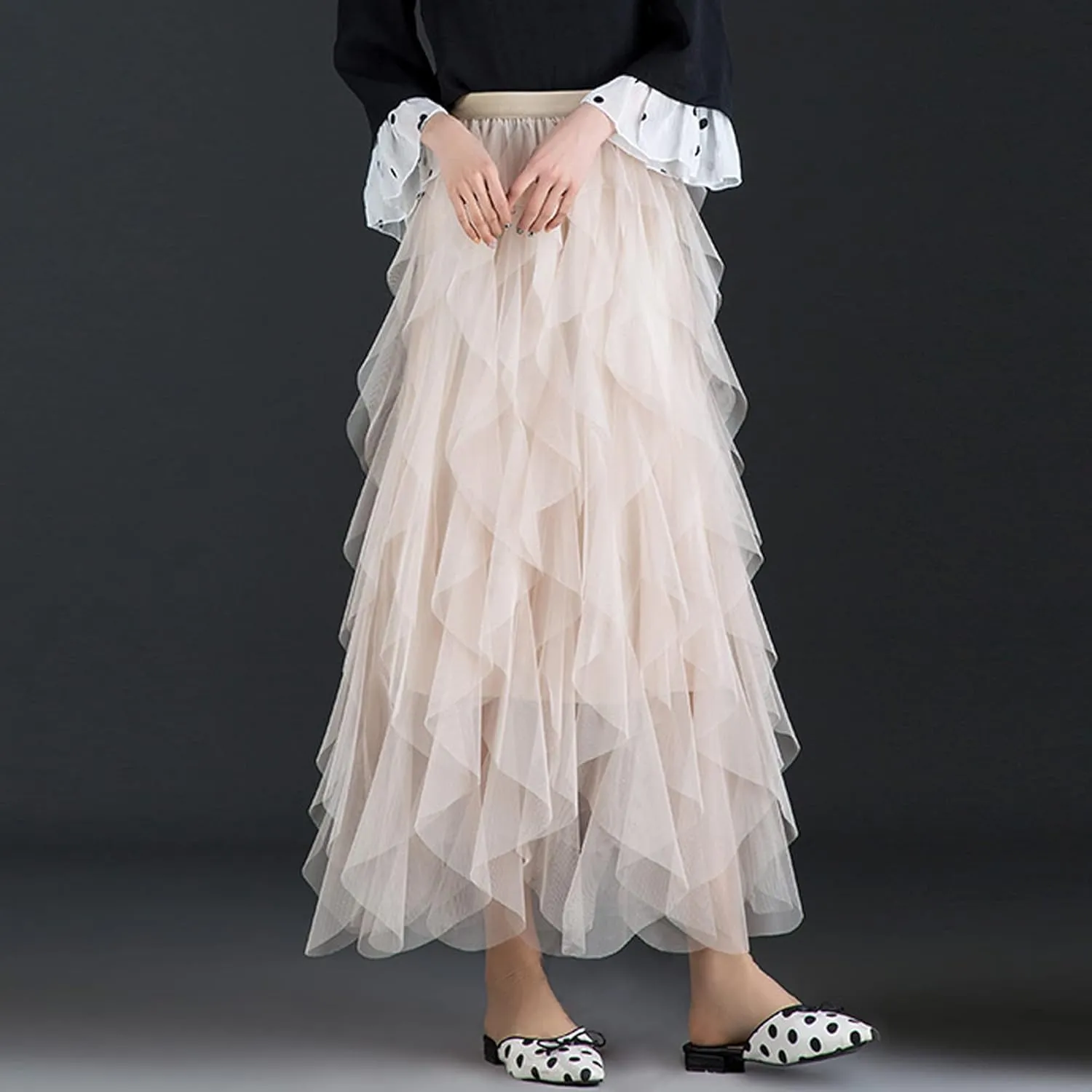 Womens Tulle Skirt Elastic High Waist Pleated A-line Fairy Skirt Layered Mesh Flowy Tutu Skirts