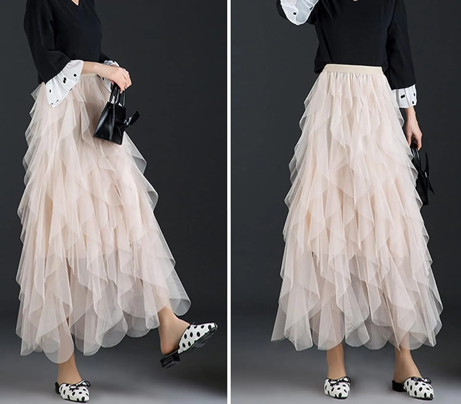 Womens Tulle Skirt Elastic High Waist Pleated A-line Fairy Skirt Layered Mesh Flowy Tutu Skirts