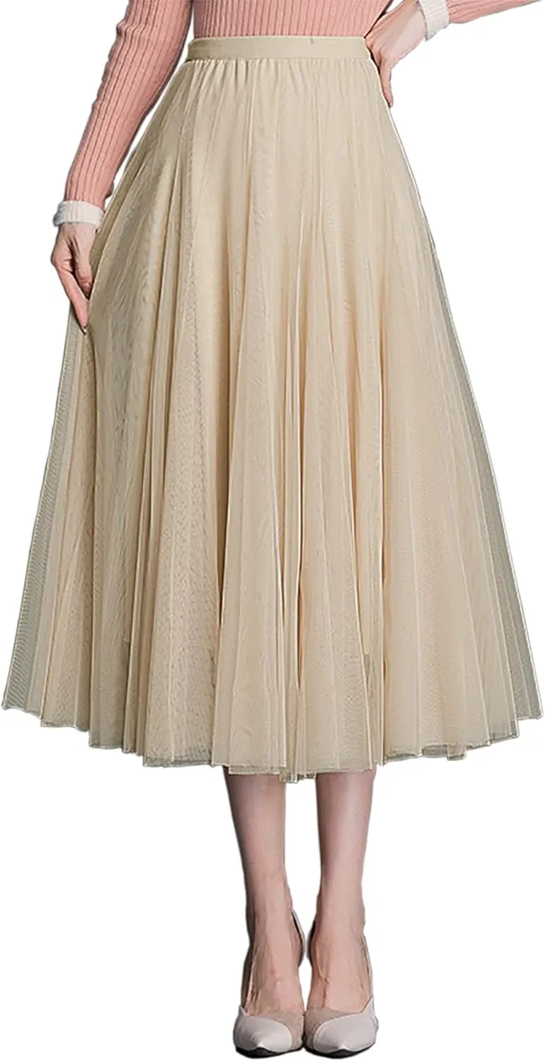 Womens Tulle Skirt Elastic High Waist Pleated A-line Fairy Skirt Layered Mesh Flowy Tutu Skirts