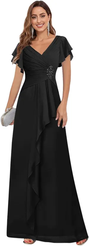 Women's V Neck Chiffon Mother of The Bride Dresses for Wedding Short Sleeve A-line Pleated Long Formal Dress