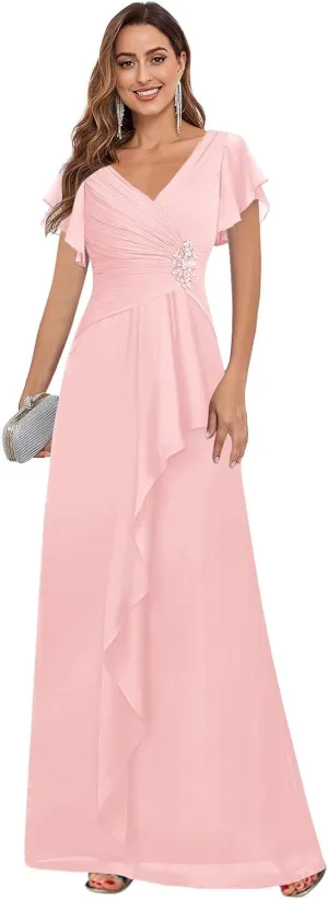 Women's V Neck Chiffon Mother of The Bride Dresses for Wedding Short Sleeve A-line Pleated Long Formal Dress