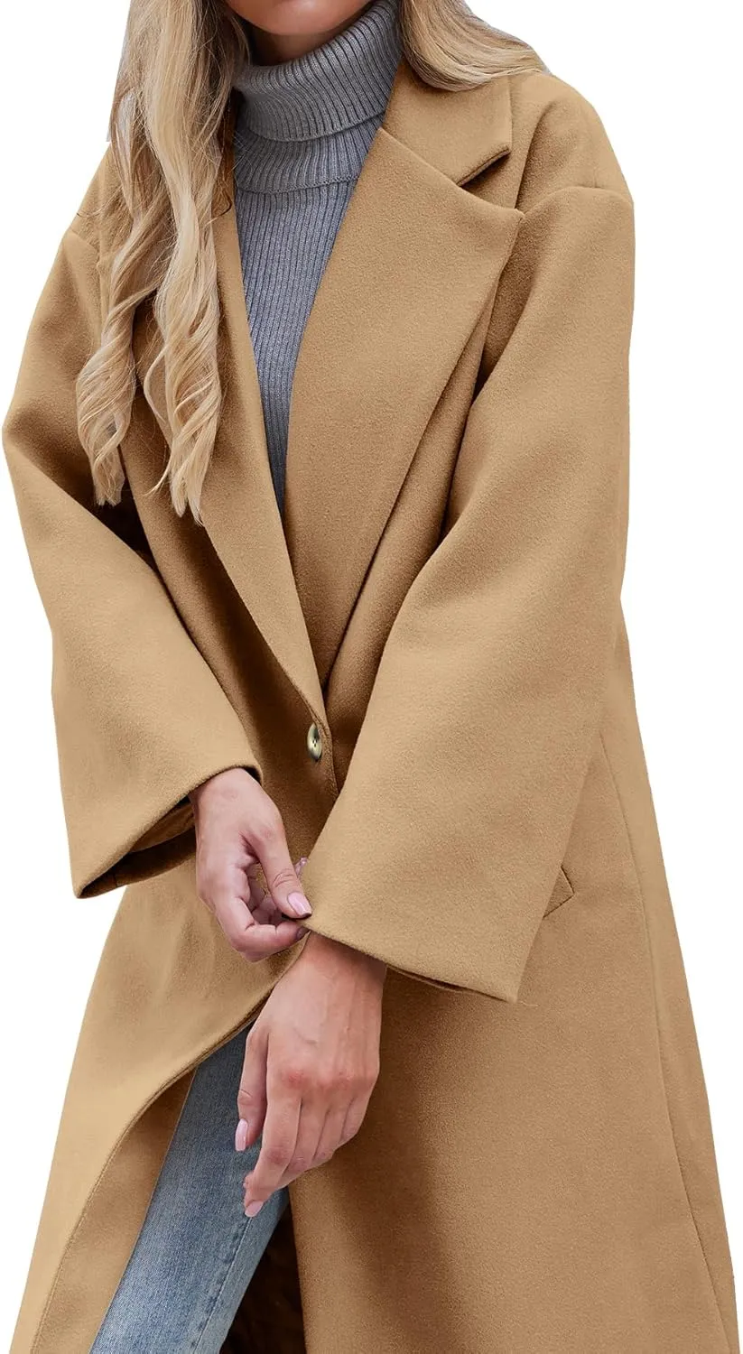 Women's Winter Wool Coat Notch Lapel Single Breasted Casual Mid Long Pea Trench Coat