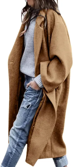 Women's Winter Wool Coat Notch Lapel Single Breasted Casual Mid Long Pea Trench Coat