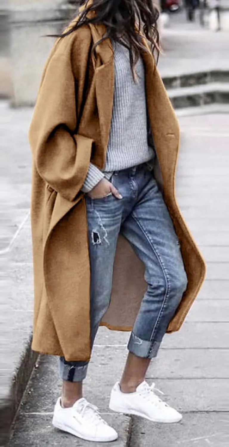 Women's Winter Wool Coat Notch Lapel Single Breasted Casual Mid Long Pea Trench Coat