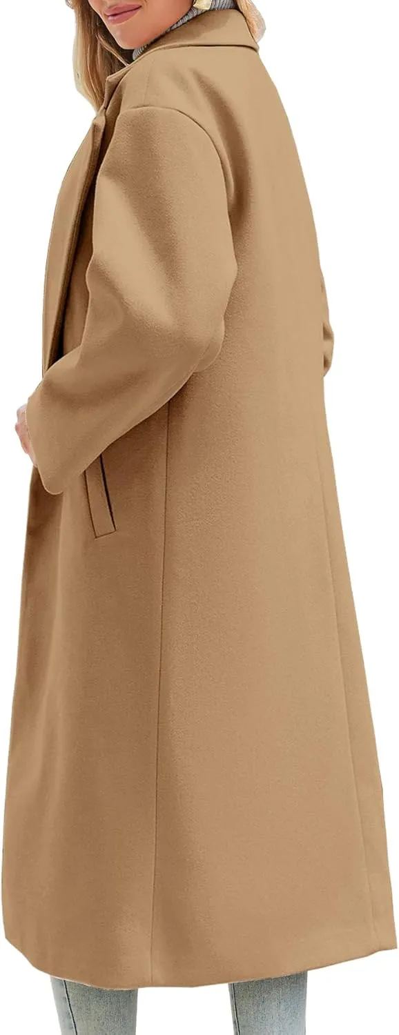 Women's Winter Wool Coat Notch Lapel Single Breasted Casual Mid Long Pea Trench Coat