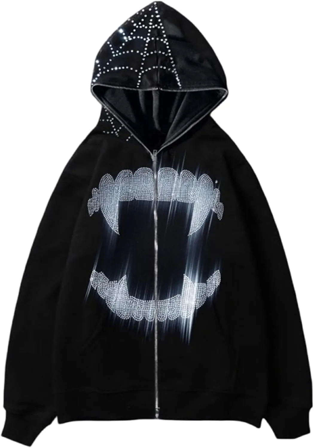Womens Y2K Zip Up Hoodie Men Long Sleeve Rhinestone Graphic Sweatshirts Halloween Oversized Goth Jacket Streetwear