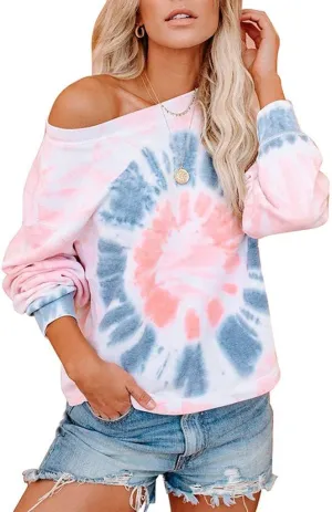 WUAI-Women Tie Dye Sweatshirt Oversized Long Sleeve Crewneck Loose Fit Casual Pullover Shirts Tunic Tops Loungewear