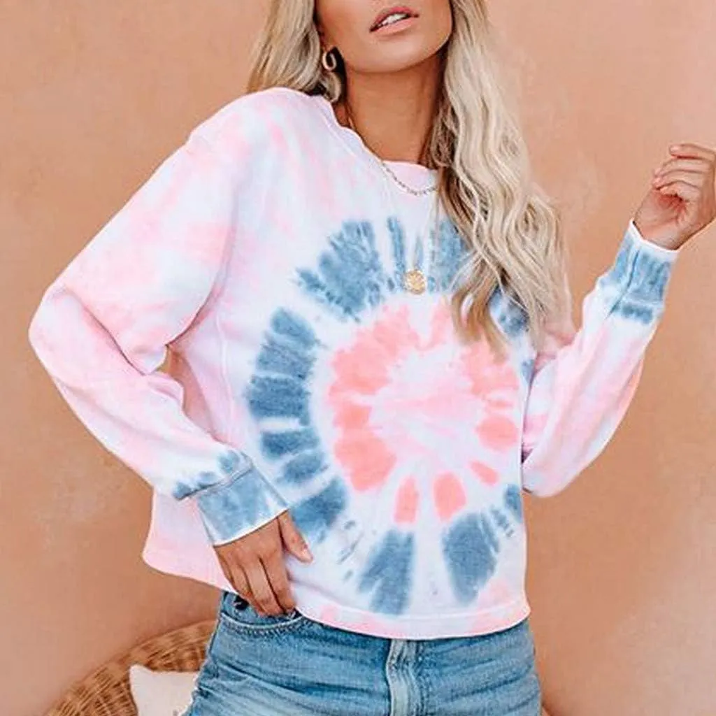 WUAI-Women Tie Dye Sweatshirt Oversized Long Sleeve Crewneck Loose Fit Casual Pullover Shirts Tunic Tops Loungewear