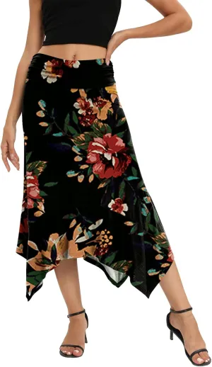 Yincro Women's Summer Flowy Midi Skirt with Handkerchief Hemline