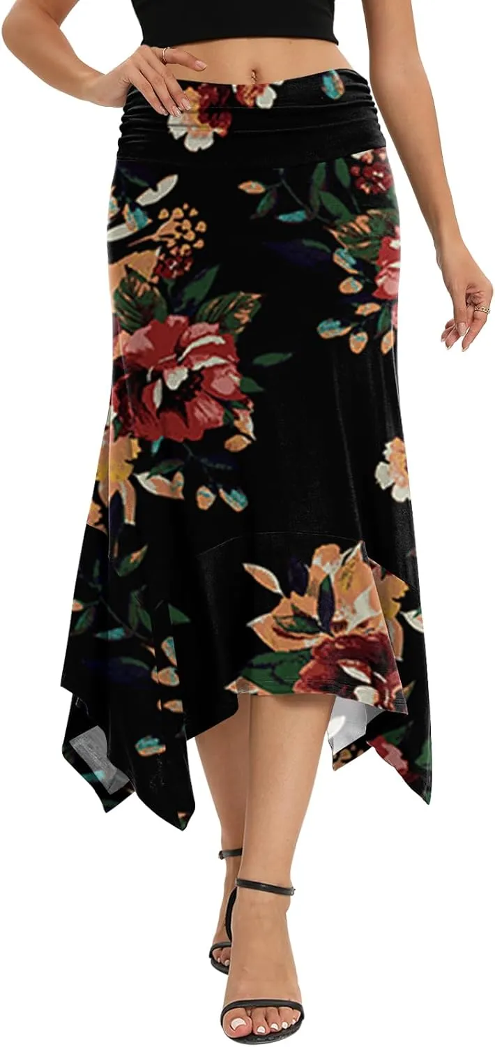 Yincro Women's Summer Flowy Midi Skirt with Handkerchief Hemline