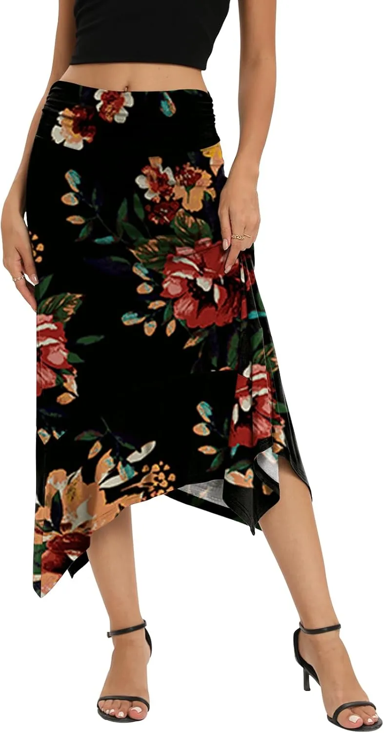 Yincro Women's Summer Flowy Midi Skirt with Handkerchief Hemline