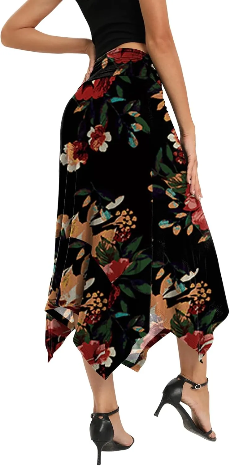 Yincro Women's Summer Flowy Midi Skirt with Handkerchief Hemline