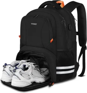 Ytonet Gym Backpack For Men Women, Travel Sports Track Bag With Shoe Compartment USB Charging Port, Large Workout Laptop Backpack Water Resistant College Bag Fit 15.6 Inch, Camping, Black