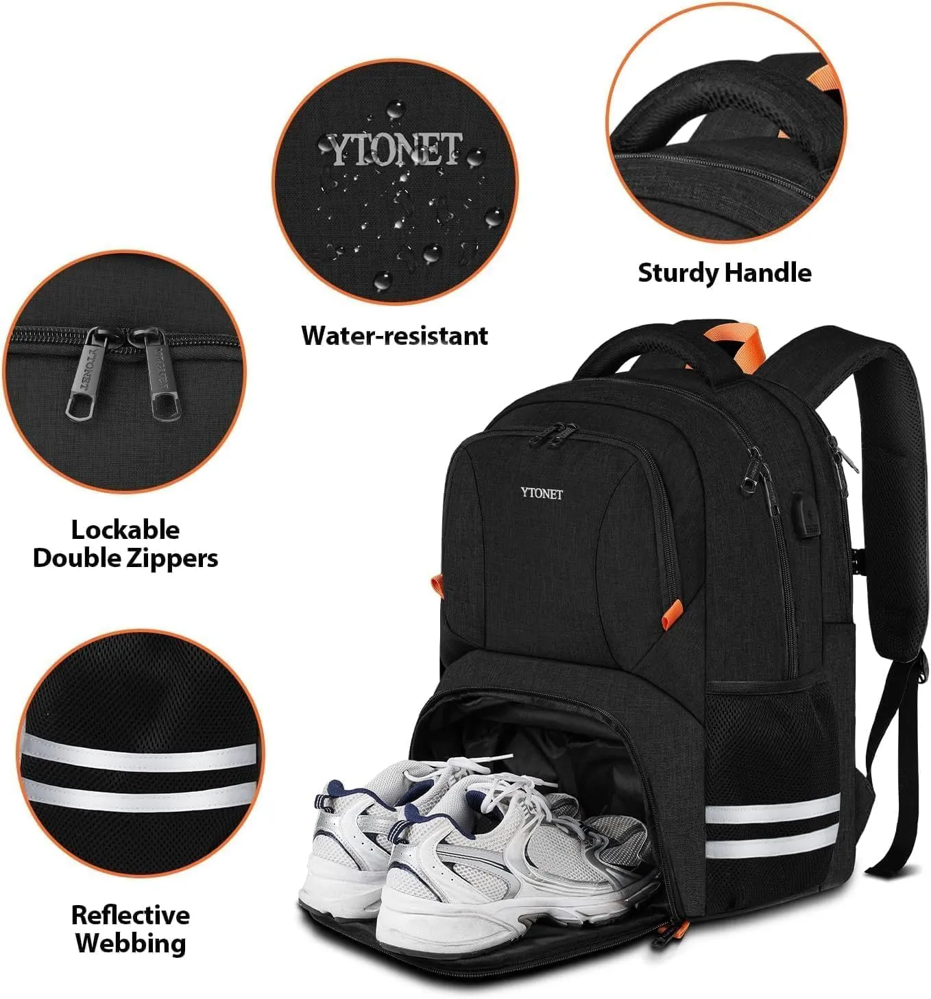 Ytonet Gym Backpack For Men Women, Travel Sports Track Bag With Shoe Compartment USB Charging Port, Large Workout Laptop Backpack Water Resistant College Bag Fit 15.6 Inch, Camping, Black
