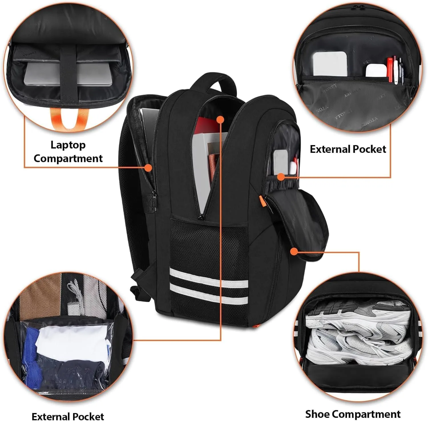Ytonet Gym Backpack For Men Women, Travel Sports Track Bag With Shoe Compartment USB Charging Port, Large Workout Laptop Backpack Water Resistant College Bag Fit 15.6 Inch, Camping, Black